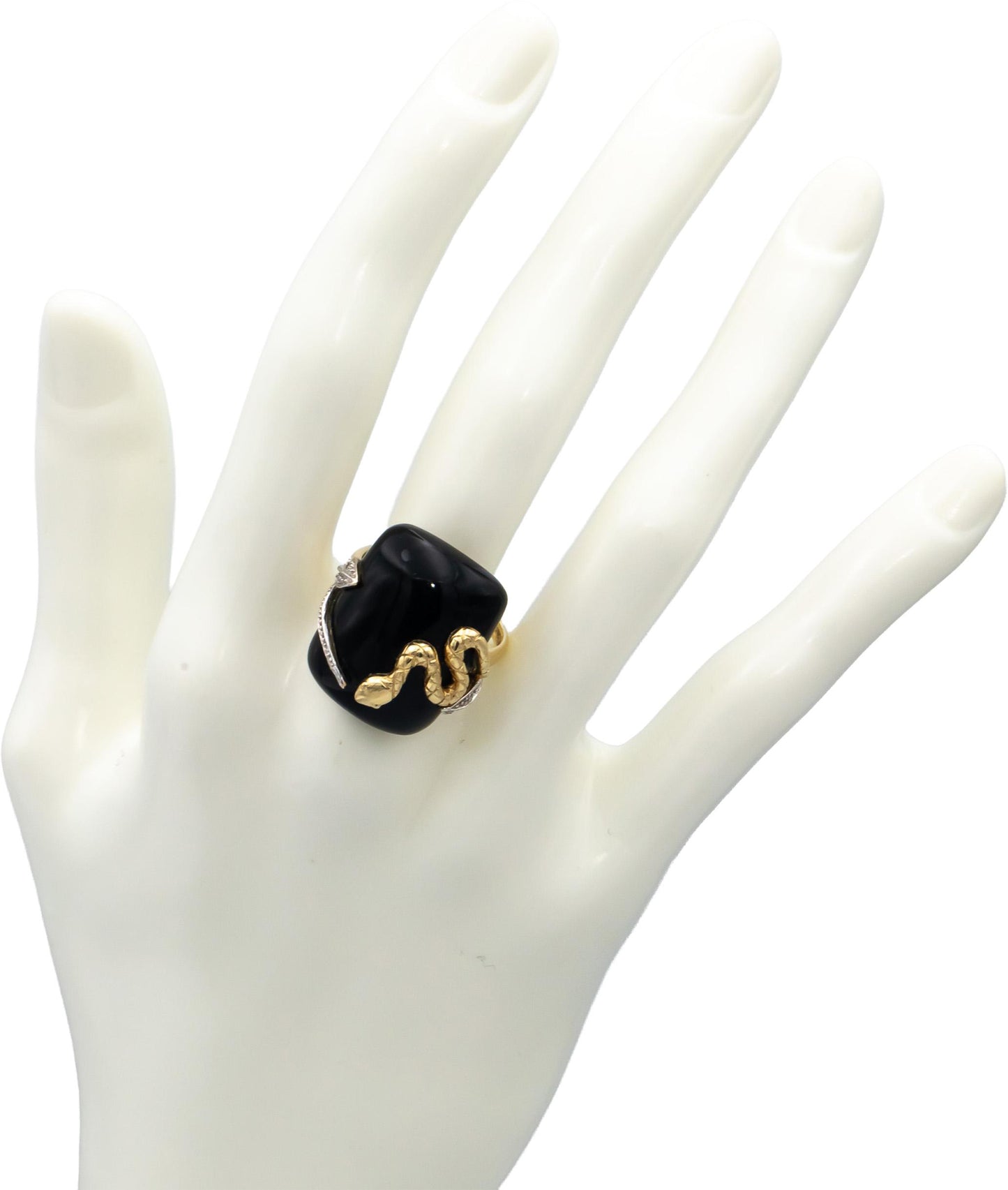 14k Yellow & White Gold Black Onyx Snake Ring w/ Diamond Accents Size 7.75
