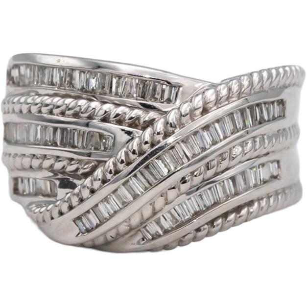 14k White Gold Round and Baguette Cut Diamond Crossover Ring 0.50CT Size 7