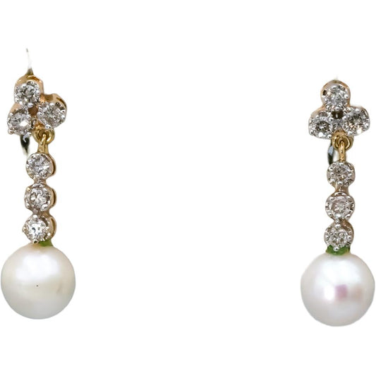 14k Yellow Gold Round diamond and 6.0-6.5mm Pearl Dangle Stud Earrings 0.15CT