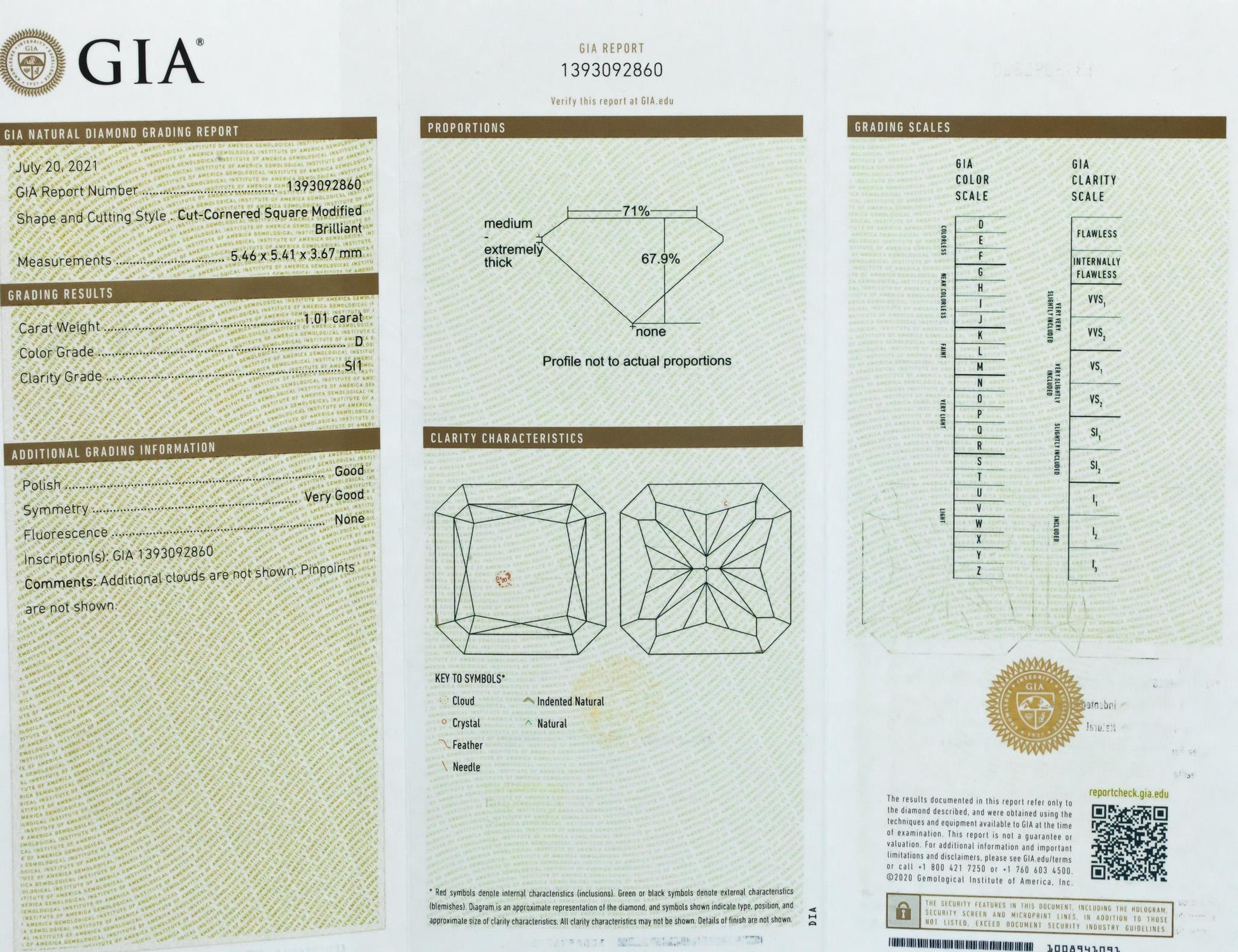 GIA Certified SI1/D Cut-Cornered Square Radiant Cut Diamond 1.01CT