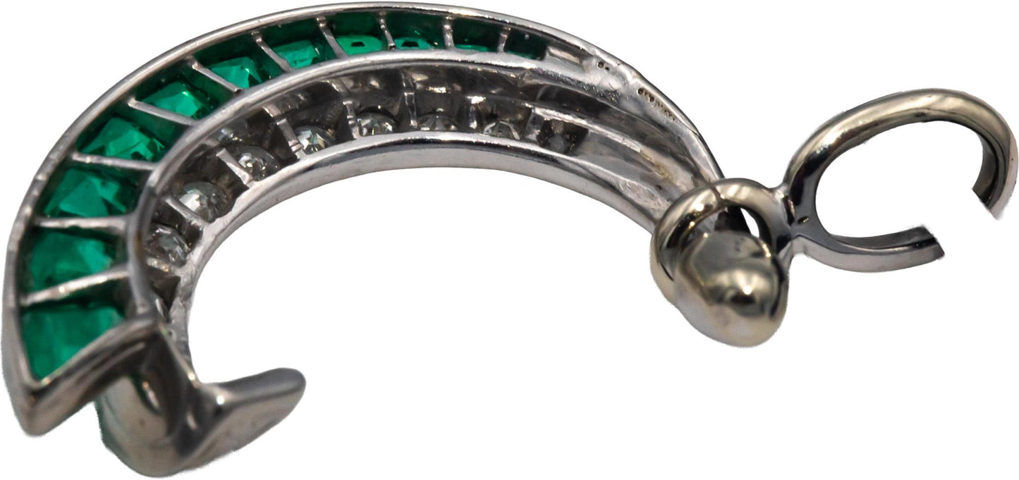 Vintage Antique Palladium Diamond and Emerald Abstract Pendant Necklace 1.0CT