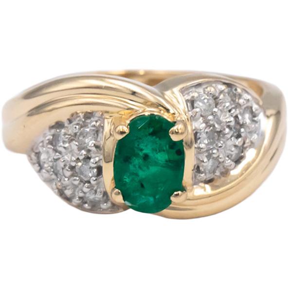 14k Yellow Gold Round Diamond Oval Emerald Cocktail Ring 0.70CT Size 7