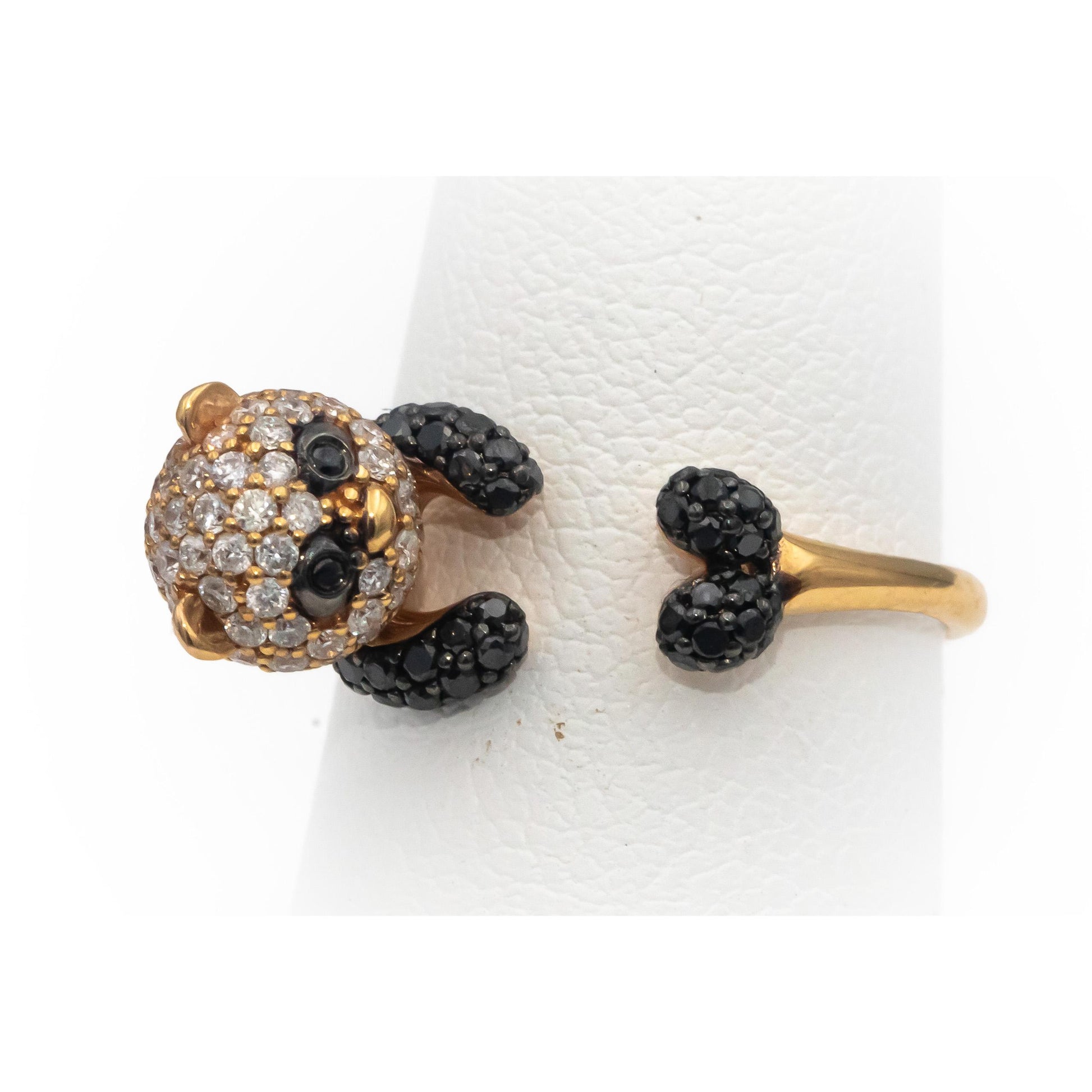 18k Rose Gold White & Black Round Diamond Cluster Panda Bear Ring 1.06CT