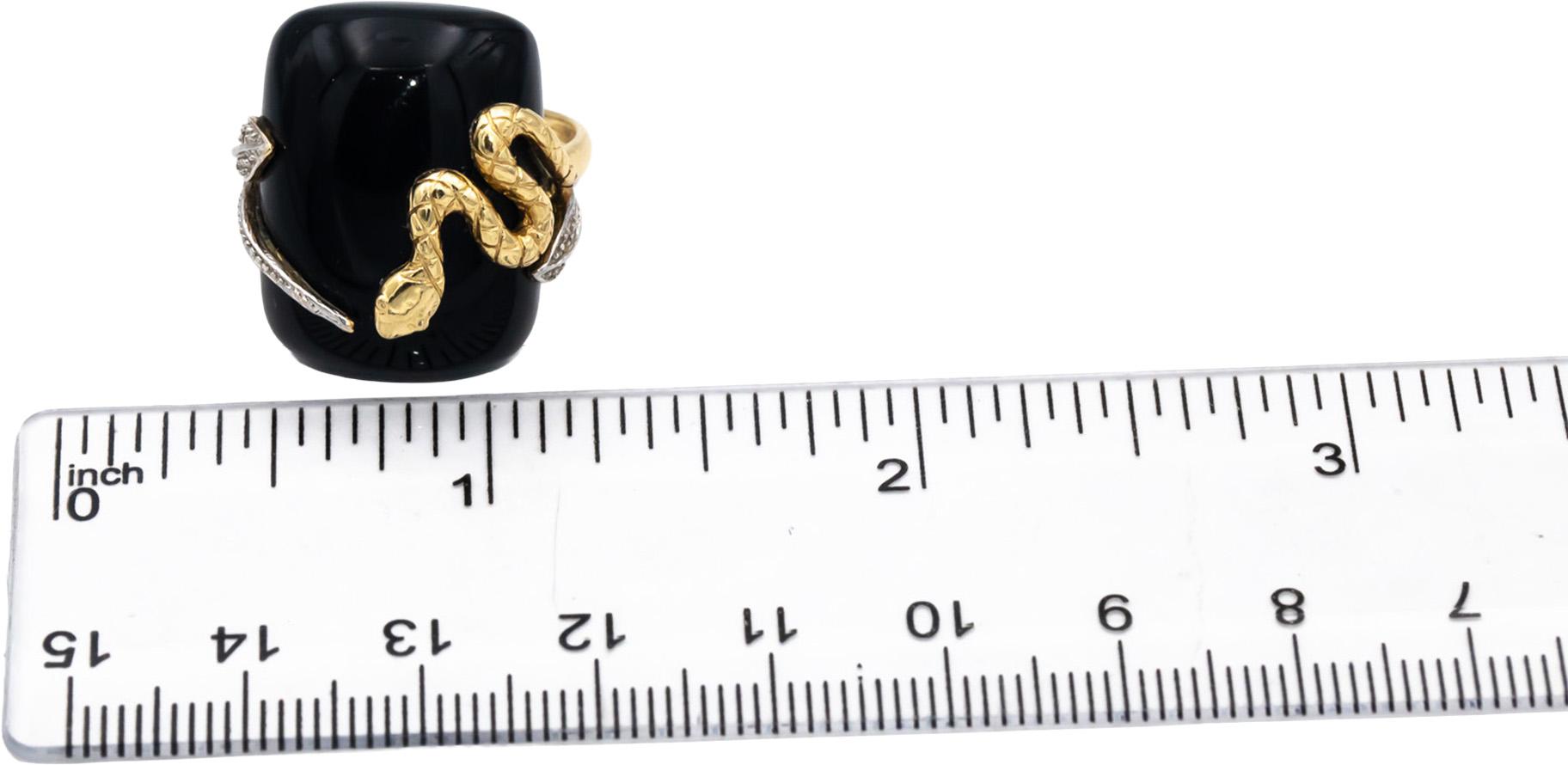 14k Yellow & White Gold Black Onyx Snake Ring w/ Diamond Accents Size 7.75
