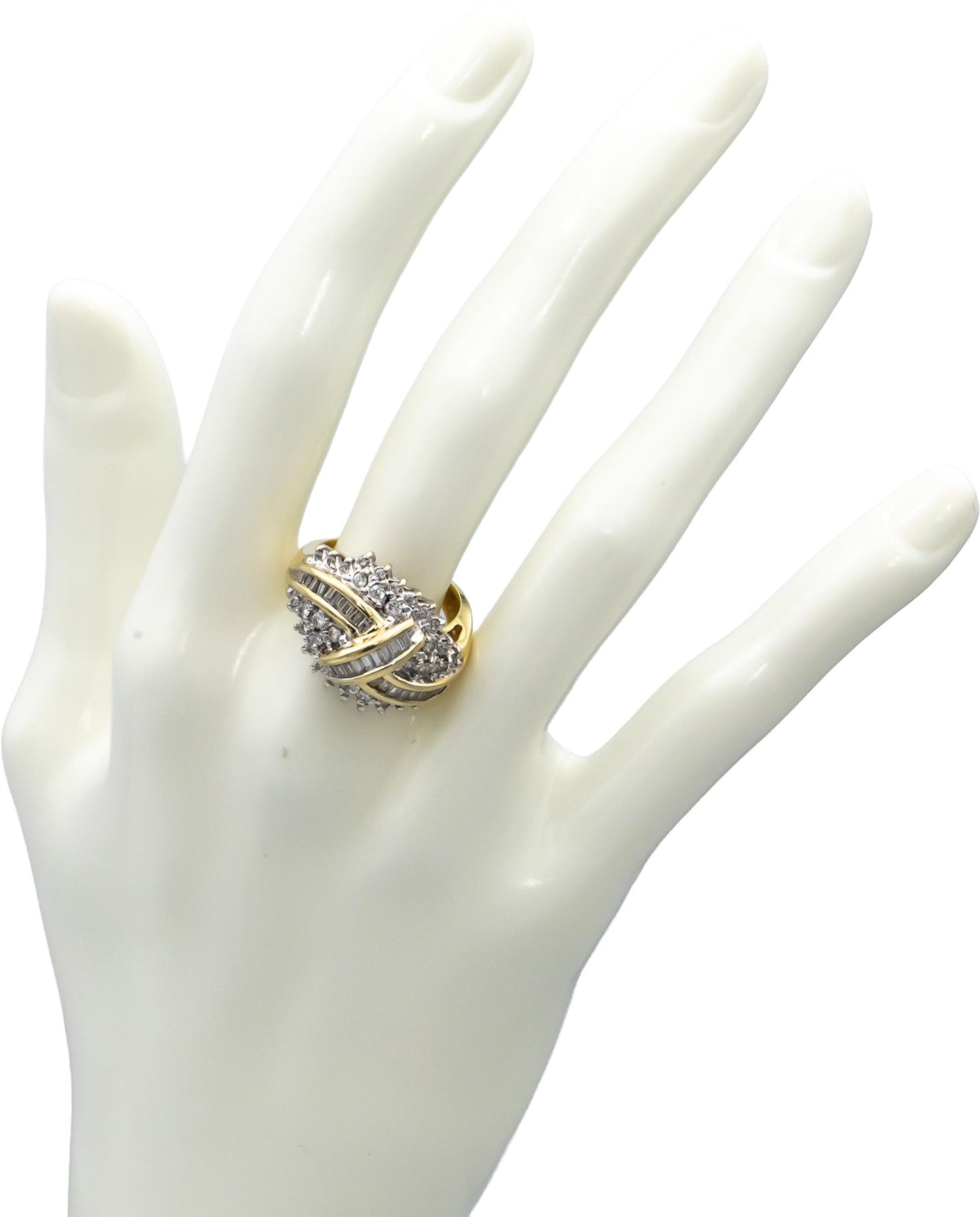 10k Yellow & White Gold Round & Baguette Diamond Cocktail Ring 1.0CT Size 6.75