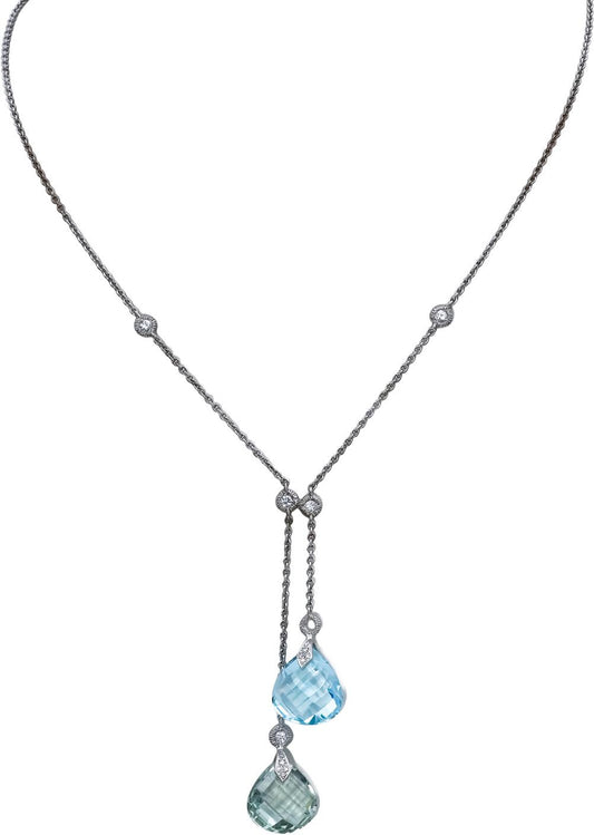 18k White Gold Blue & White Topaz Green Amethyst Tassel Necklace