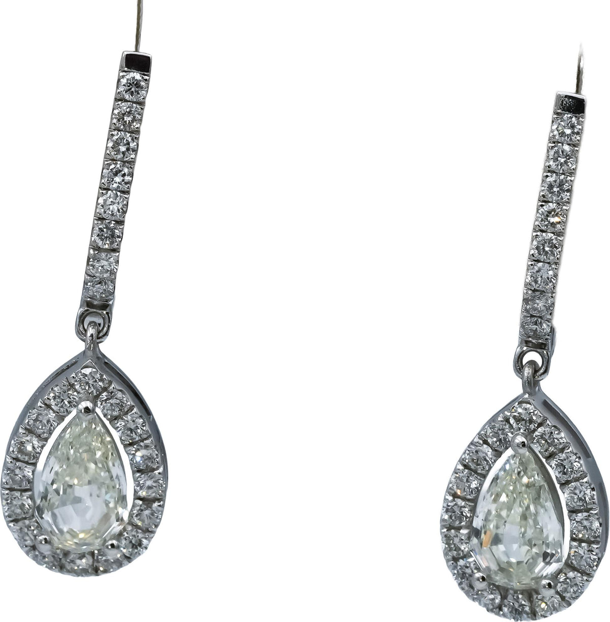 18k White Gold VS Pear Step Cut and Round Diamond Drop Dangle Earrings 2.46CT