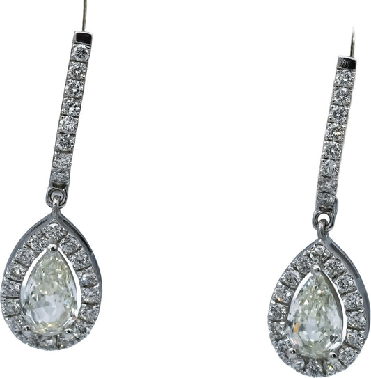 18k White Gold VS Pear Step Cut and Round Diamond Drop Dangle Earrings 2.46CT