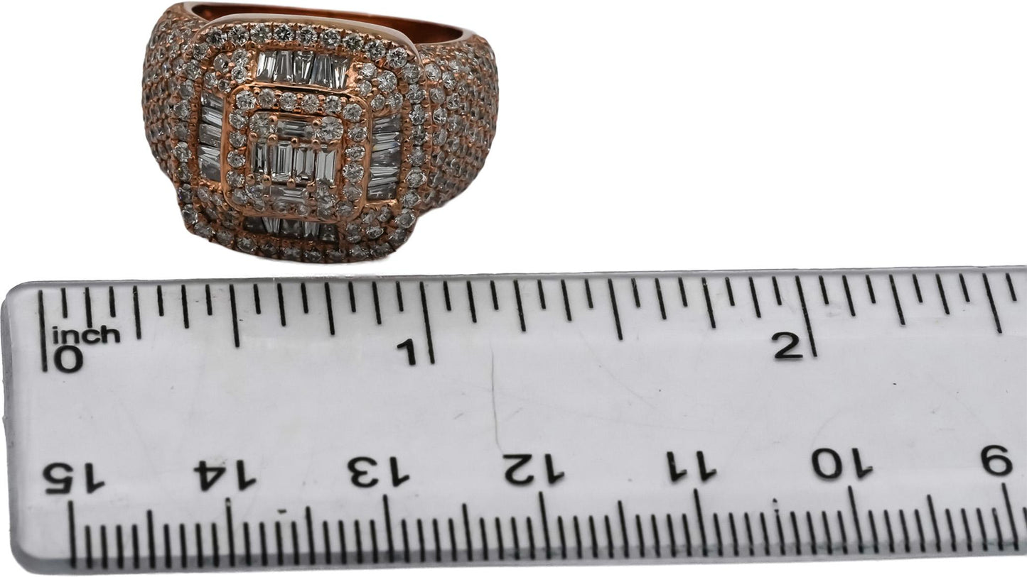 14k Rose Gold Baguette and Round Diamond Cluster Men's Ring 3.0CT Size 8