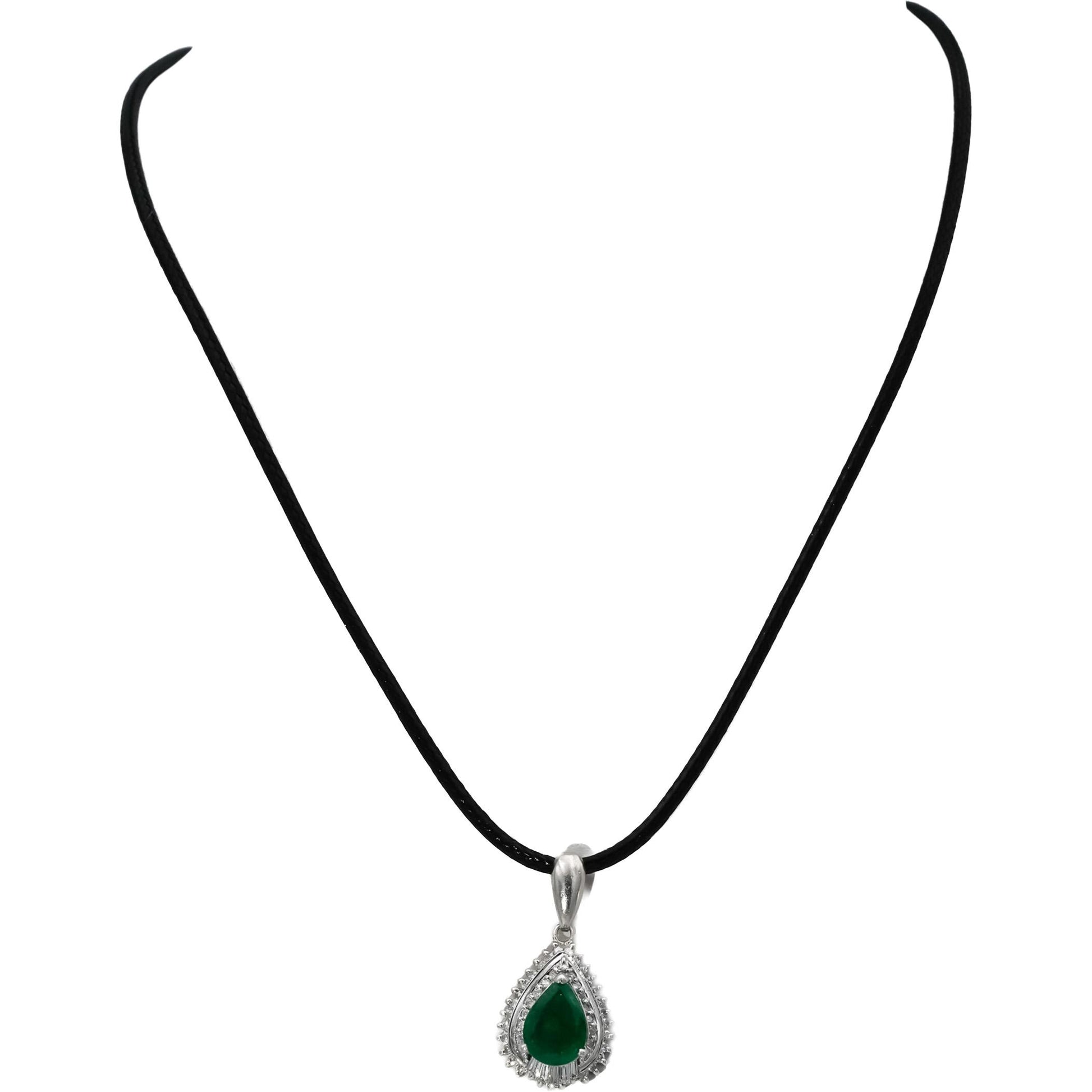 Platinum Pear Emerald & Round Baguette Diamond Pendant Necklace 1.54CT