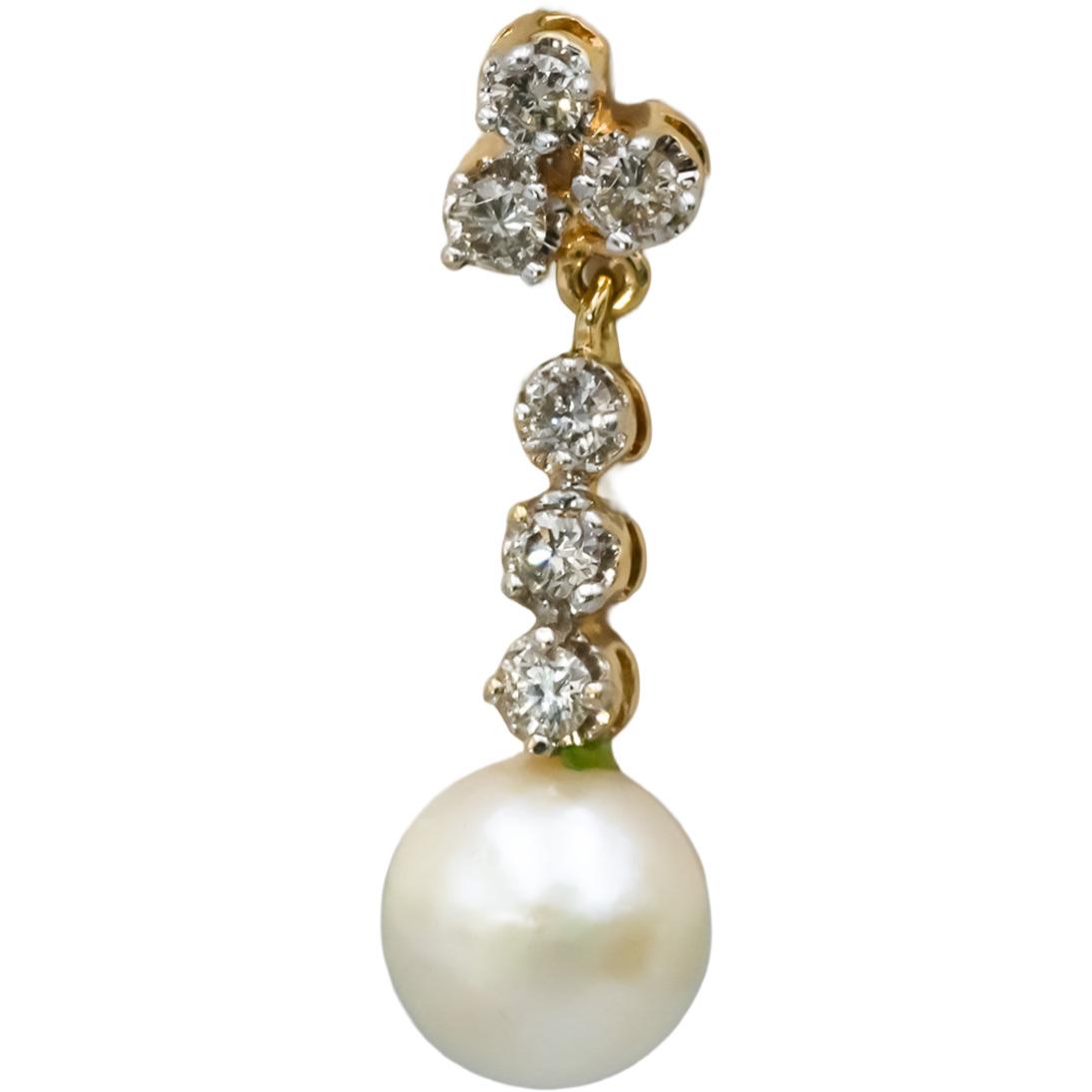 14k Yellow Gold Round diamond and 6.0-6.5mm Pearl Dangle Stud Earrings 0.15CT