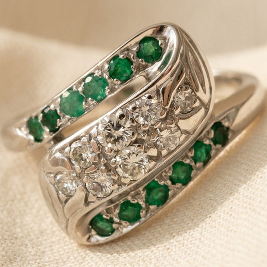 14k White Gold VS Round Diamond and Emerald Cocktail Ring 0.55CT Size 4.75