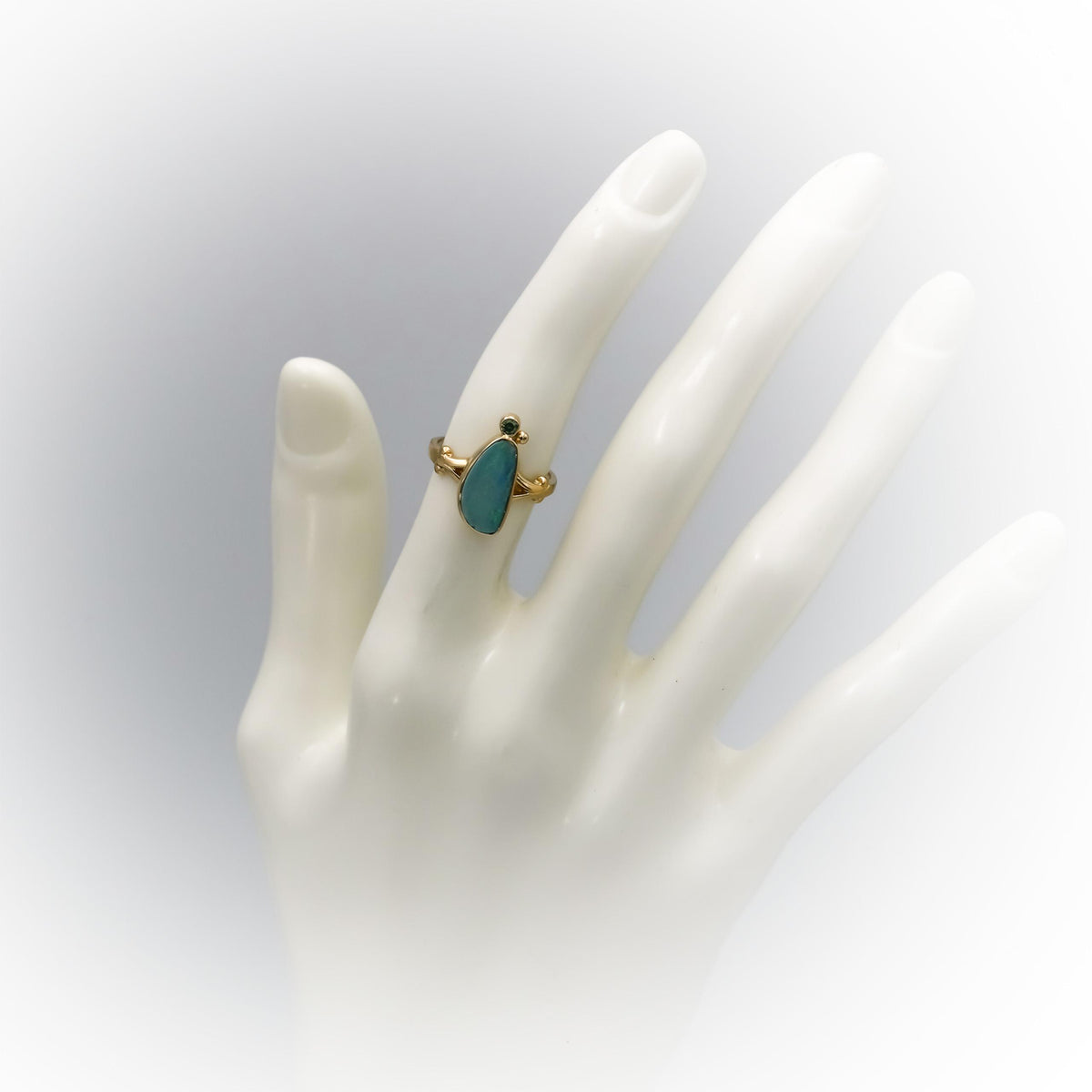 14k Yellow Gold Cabochon Opal Cocktail Ring w/ Green Diamond Accent Size 5.5