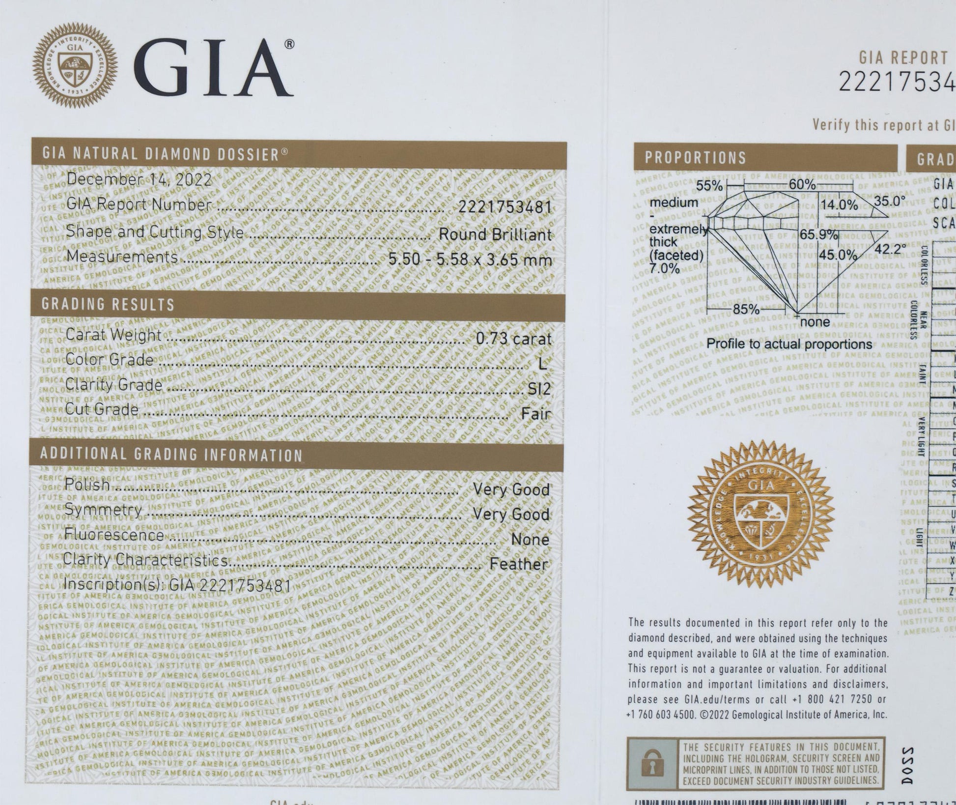 GIA Certified 0.73CT SI2/L Round Brilliant Cut Diamond Loose Stone w/ Report