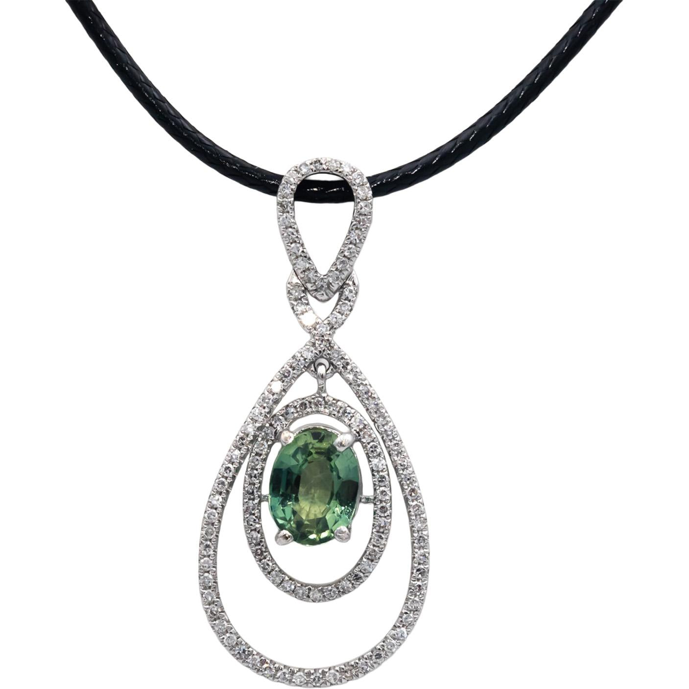 18k White Gold Jewelry VS 1.84CT Diamond and Green Sapphire Pendant Necklace
