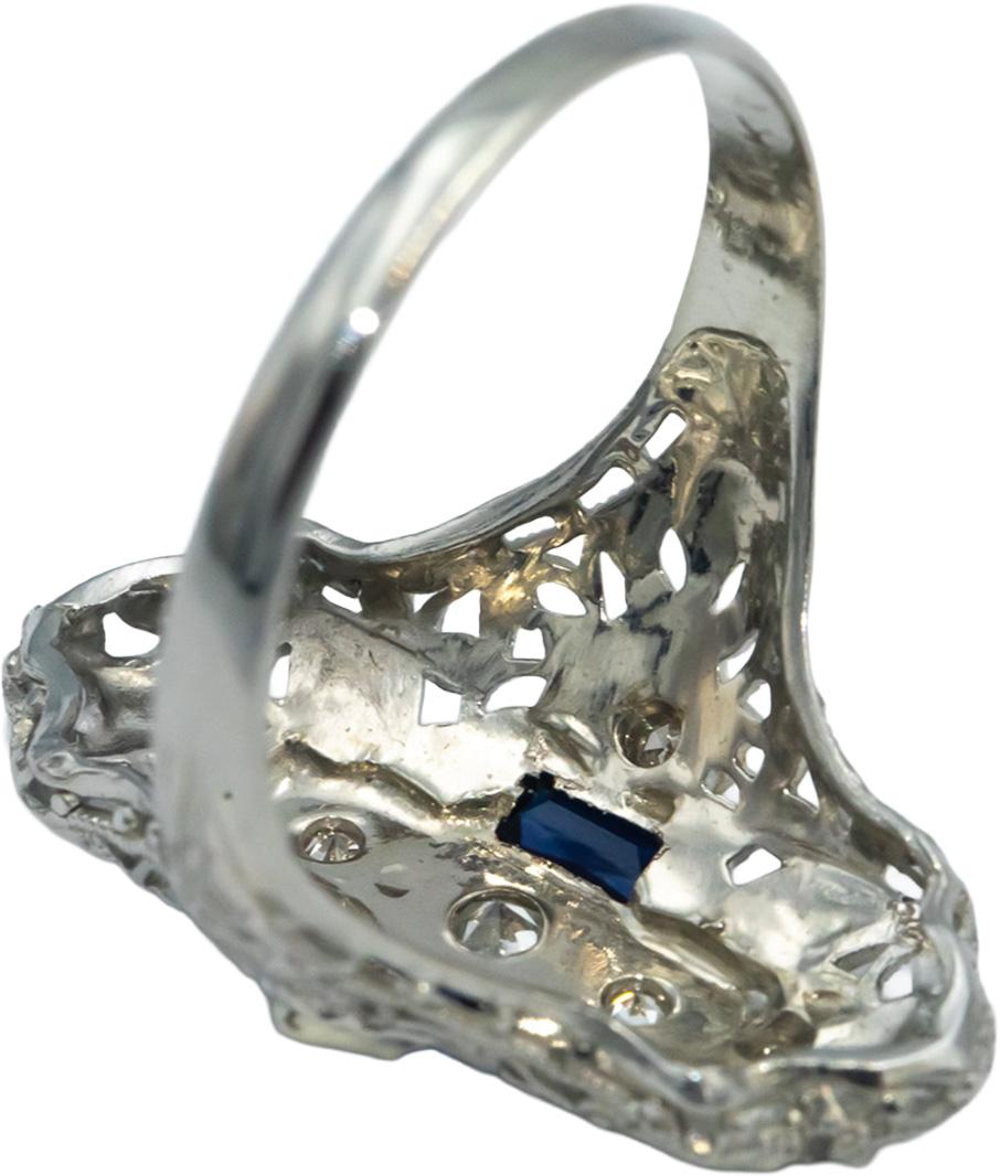 Antique Vintage 14k White Gold Diamond & Synthetic Sapphire Filigree Ring 0.10CT