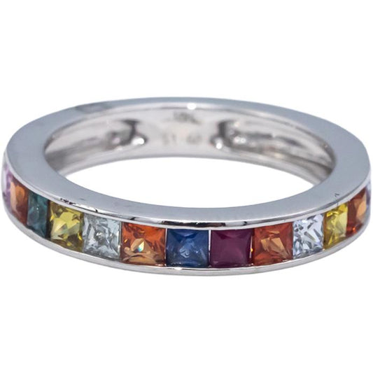 18k White Gold Square Channel Set Rainbow Sapphire Band Ring 1.68CT Size 7.5