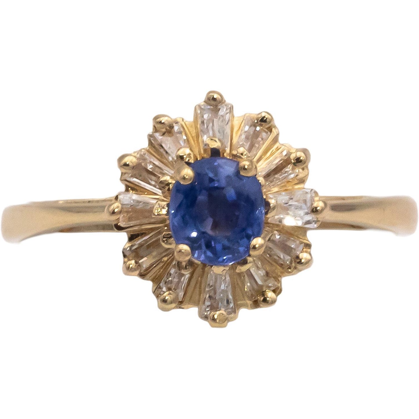14k Yellow Gold Oval Sapphire Baguette Diamond Halo Ring 0.75CT Size 6.25