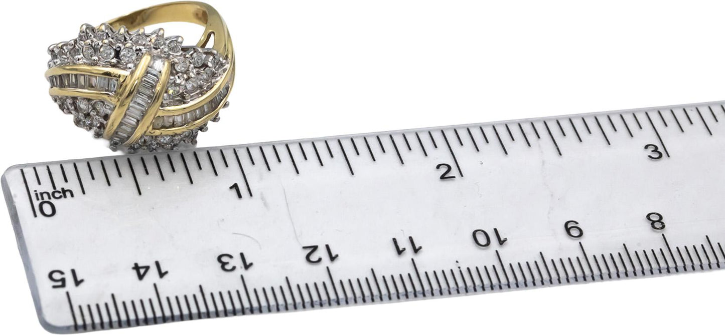 10k Yellow & White Gold Round & Baguette Diamond Cocktail Ring 1.0CT Size 6.75