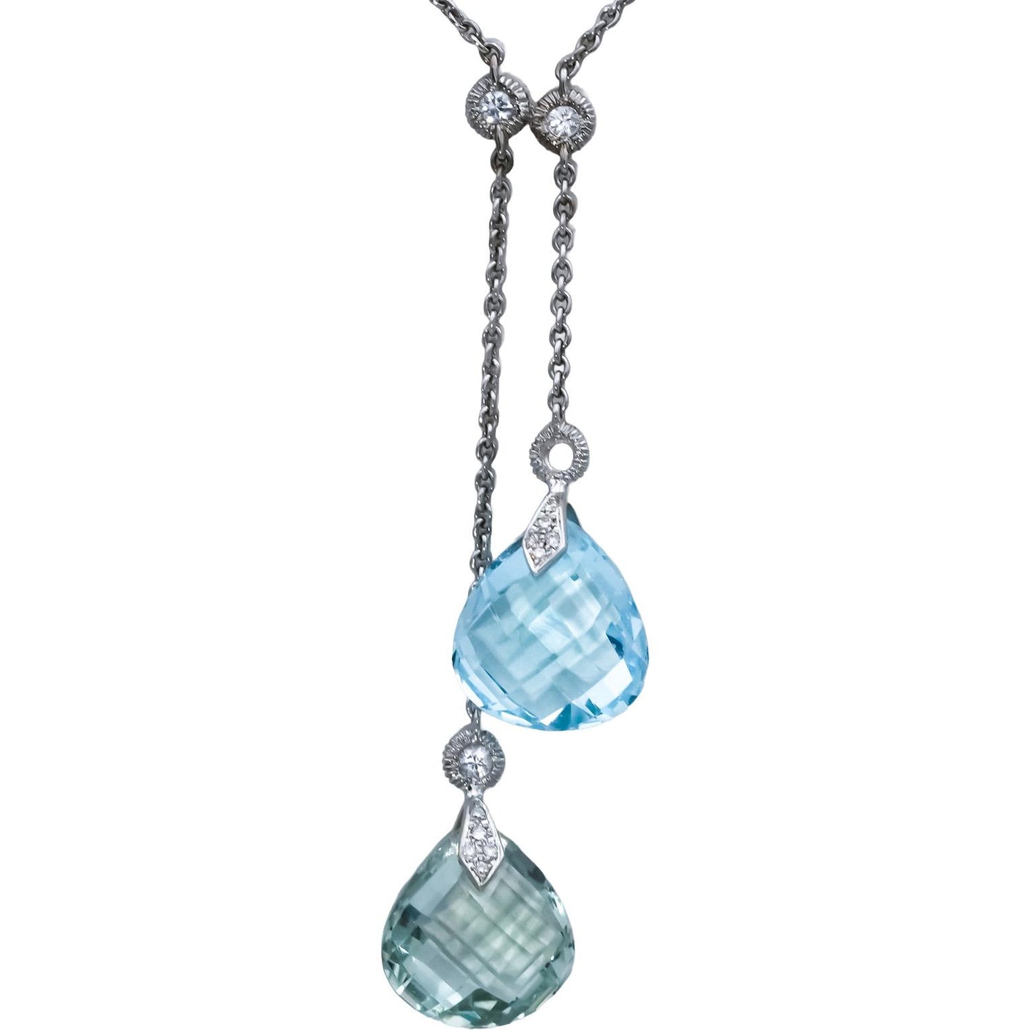 18k White Gold Blue & White Topaz Green Amethyst Tassel Necklace