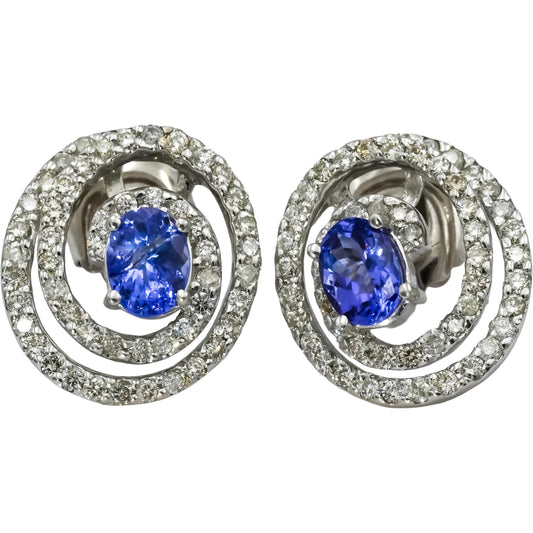 14k White Gold Oval Tanzanite Round Diamond Spiral Earrings 4.0CTW
