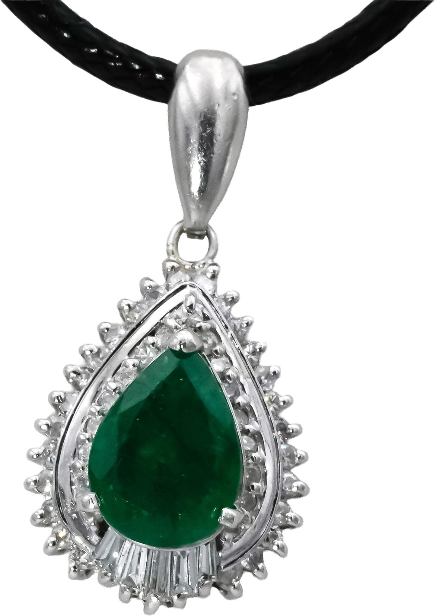 Platinum Pear Emerald & Round Baguette Diamond Pendant Necklace 1.54CT