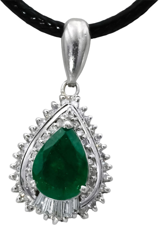 Platinum Pear Emerald & Round Baguette Diamond Pendant Necklace 1.54CT