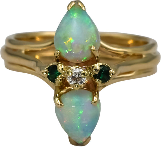 14k Yellow Gold Opal Diamond and Emerald Cocktail Ring Size 4.5
