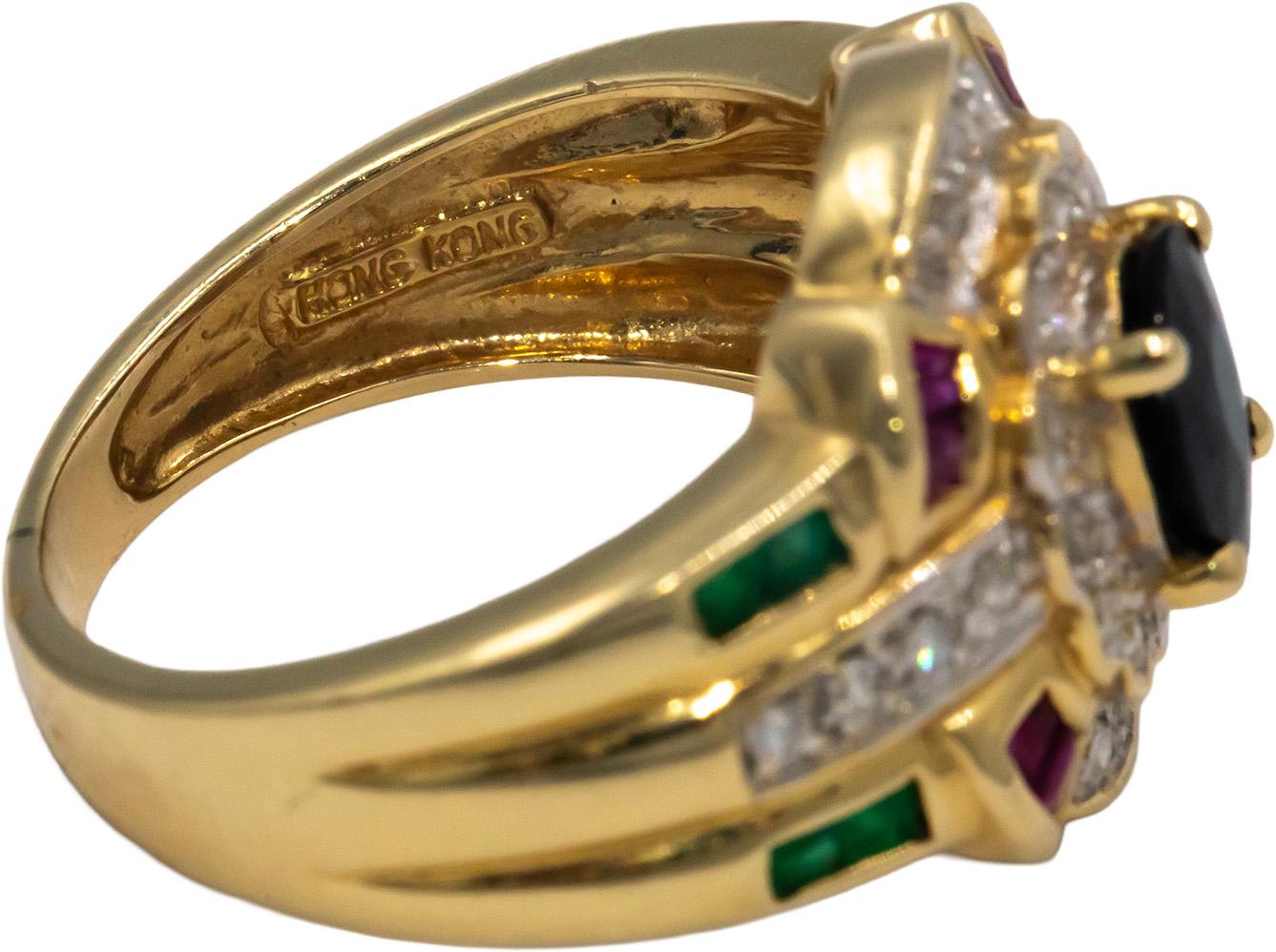 14k Yellow Gold 0.88CT Diamond Sapphire Emerald Ruby Cocktail Ring Size 6