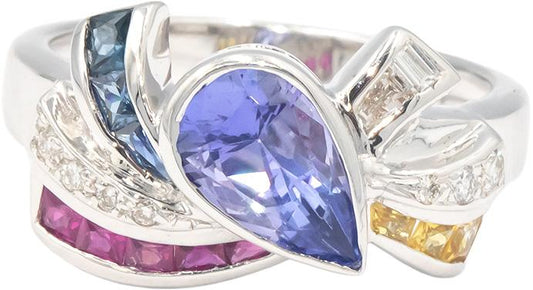18k White Gold 1.40CT Diamond Tanzanite Sapphire Ruby Ribbon Ring Size 7