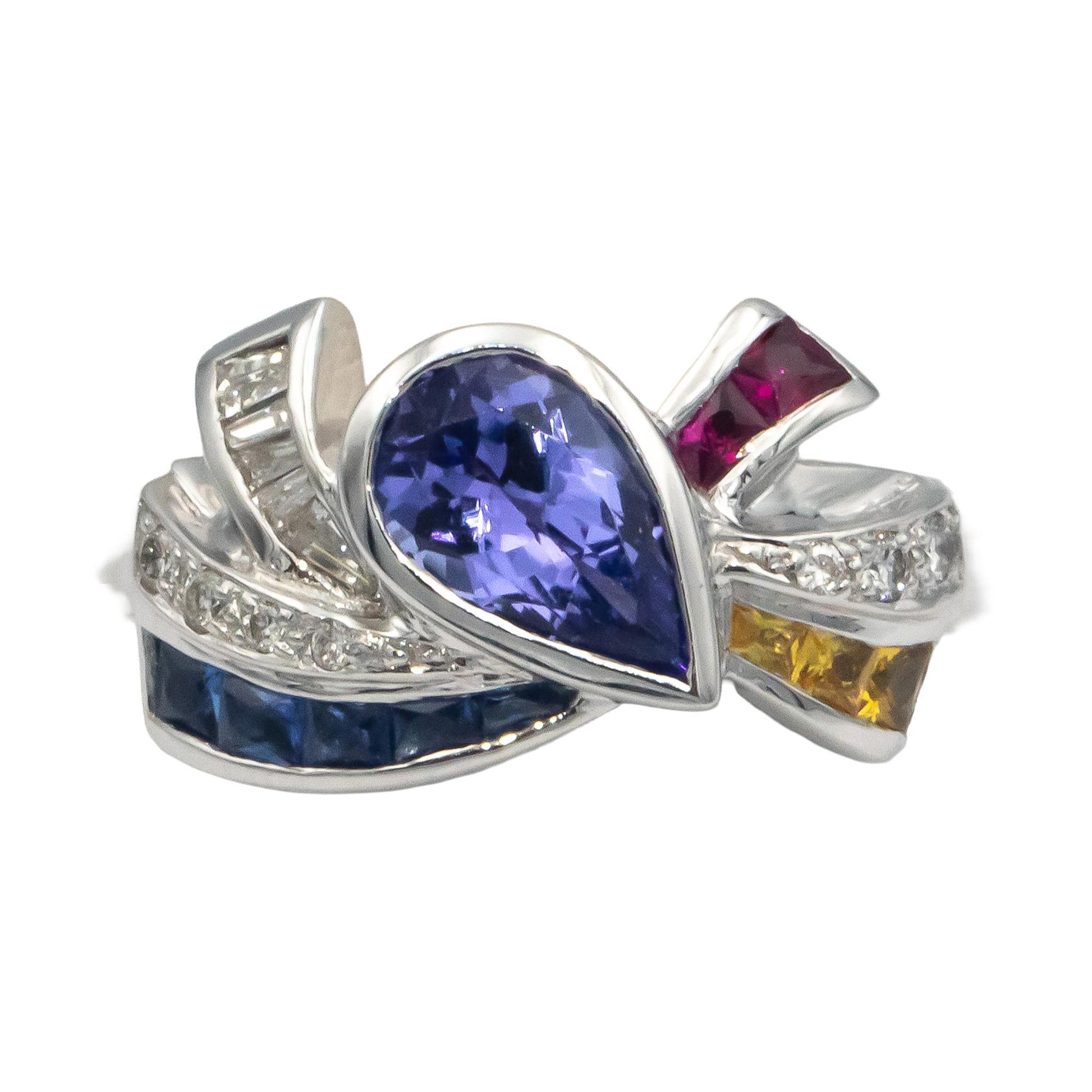 18k White Gold 1.40CT Diamond Tanzanite Sapphire Ruby Ribbon Ring Size 7