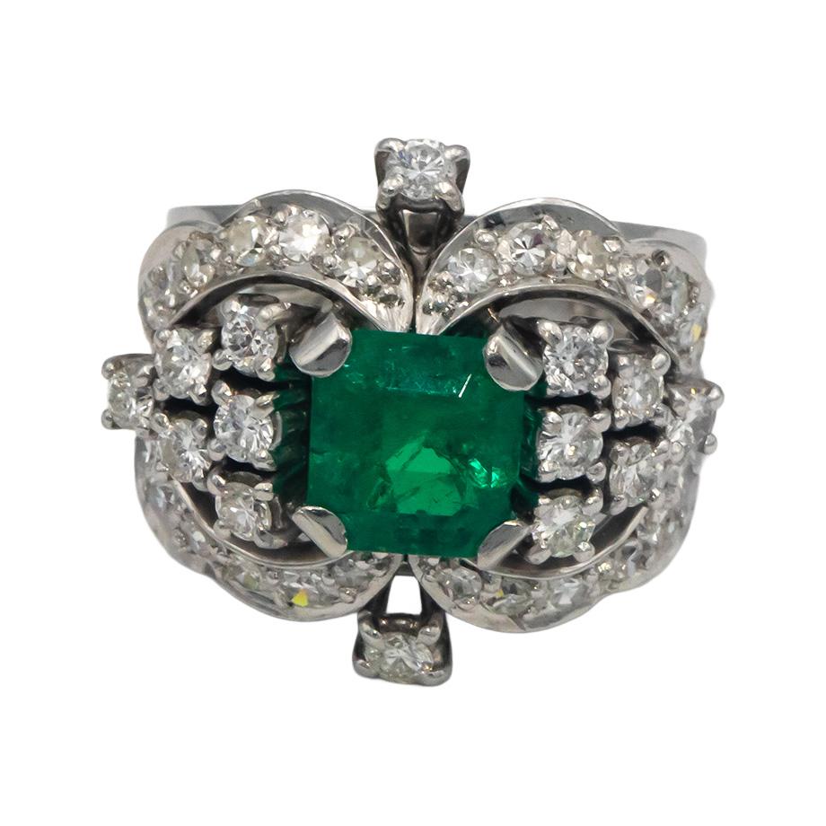 Vintage Antique 14k White Gold Diamond and Emerald Cocktail Ring 2.40CT Size 4.5