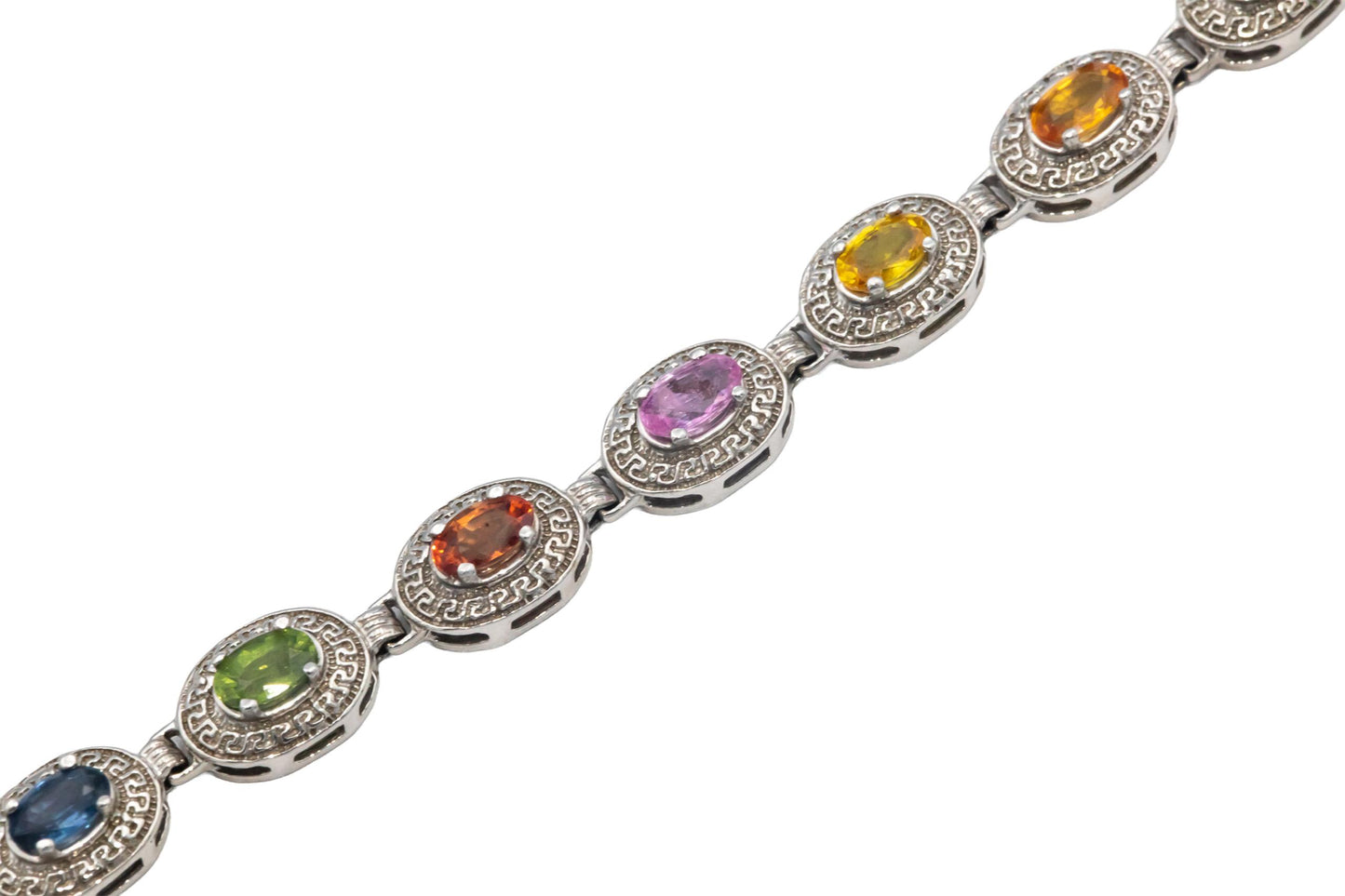 14k White Gold Oval Cut Rainbow Sapphire Fancy Link Bracelet 4.0CT