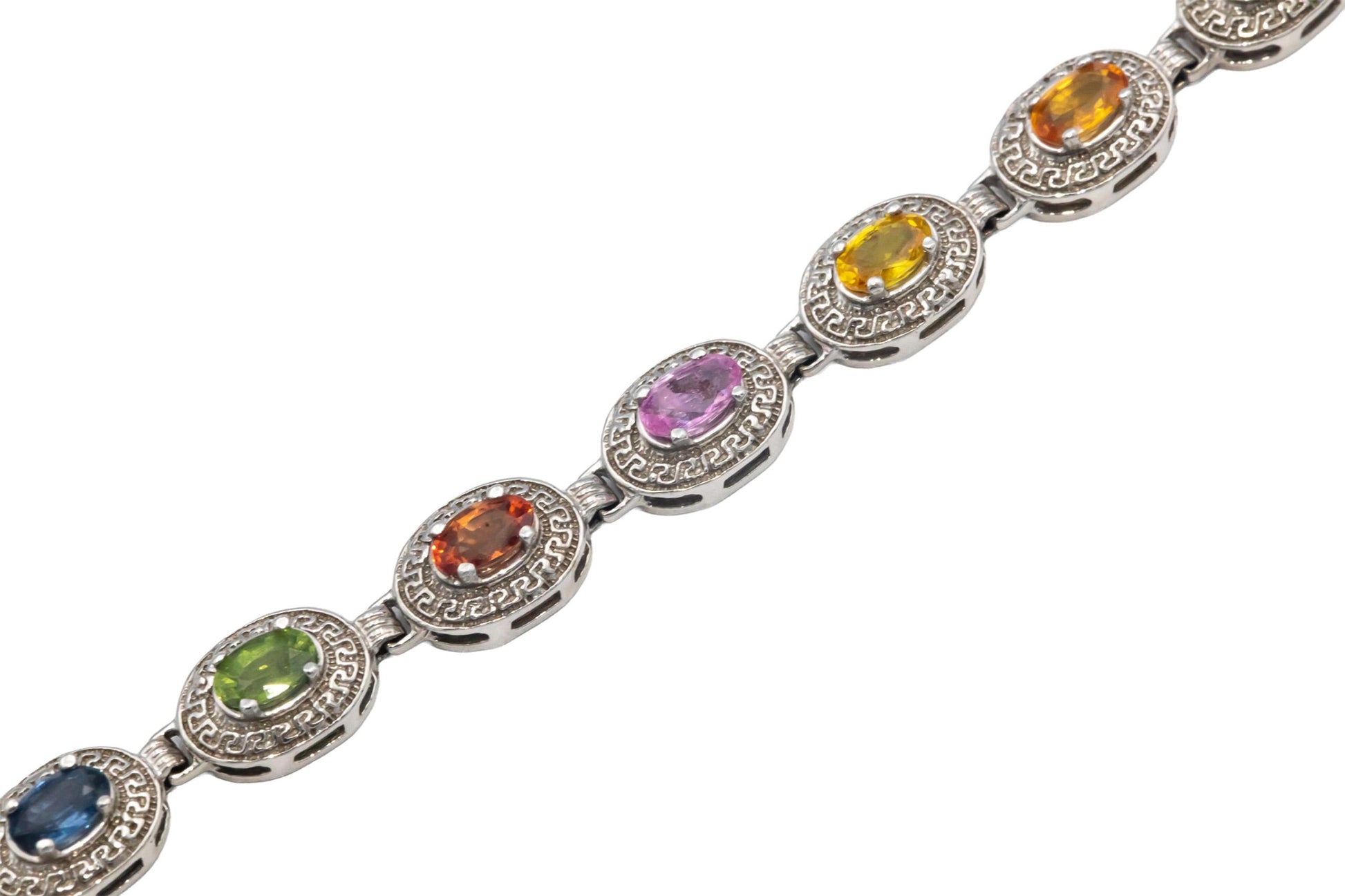 14k White Gold Oval Cut Rainbow Sapphire Fancy Link Bracelet 4.0CT