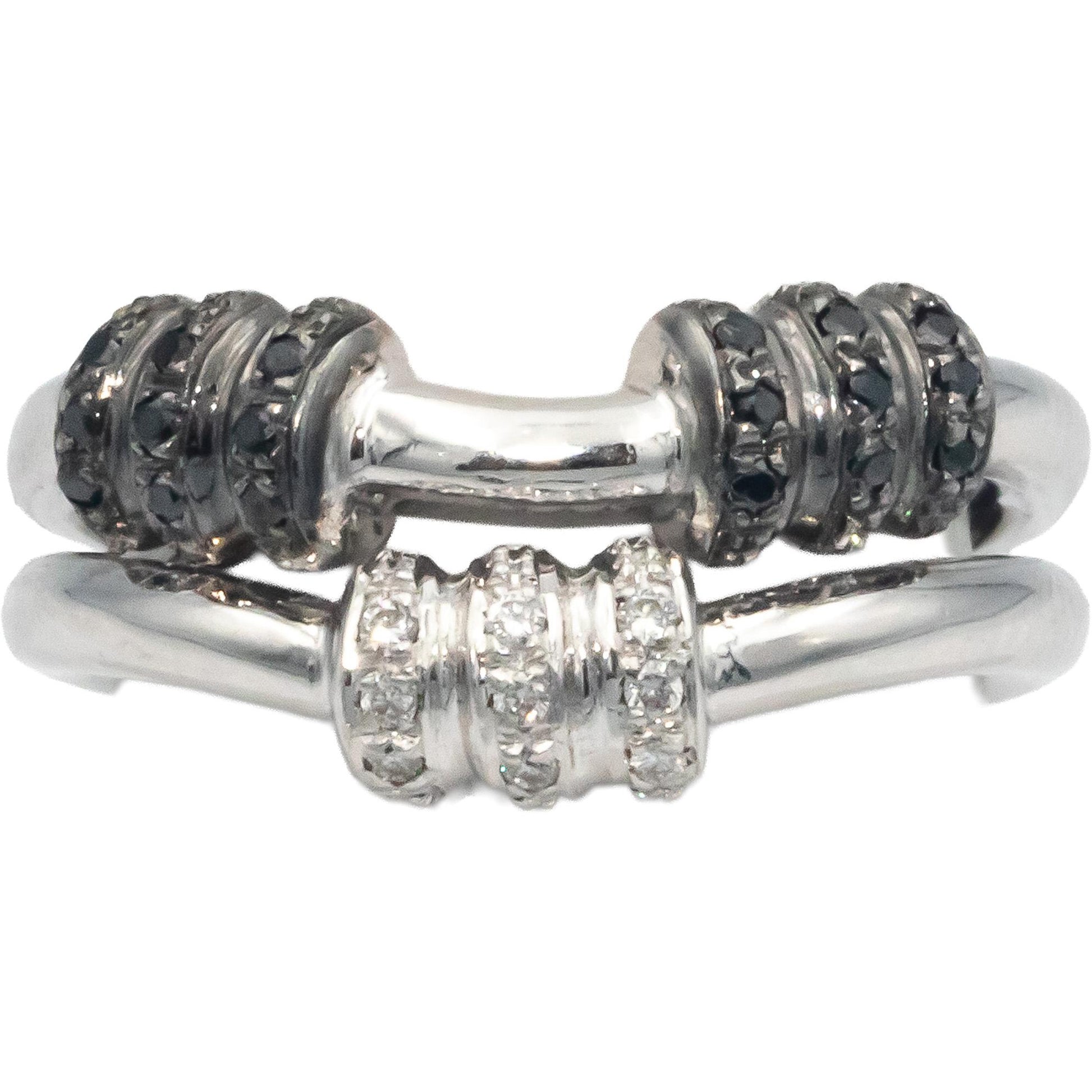 18K White Gold White & Black Diamond Split Bamboo Design Ring 9.09 Grams