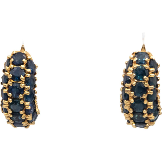 14k Yellow Gold 3.50CT Blue Sapphire Hoop Huggie Earrings