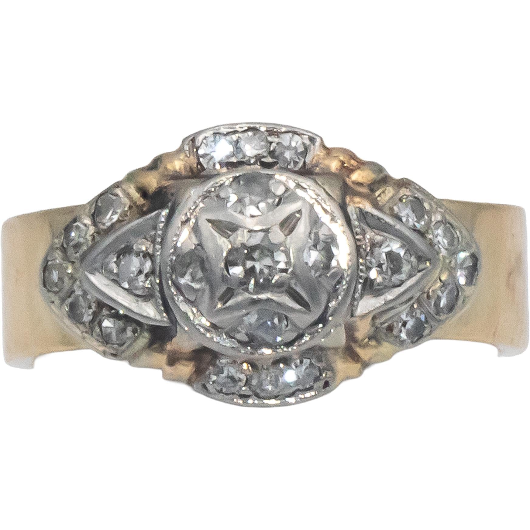 ART CARVED Vintage Antique 14k Yellow & White Gold 0.16CT Diamond Ring Size 4.5