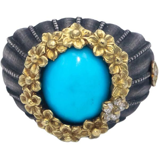 STAMBOLIAN 18k Gold Sterling Silver VS Diamond and Turquoise Ring 2.60CT Size 7