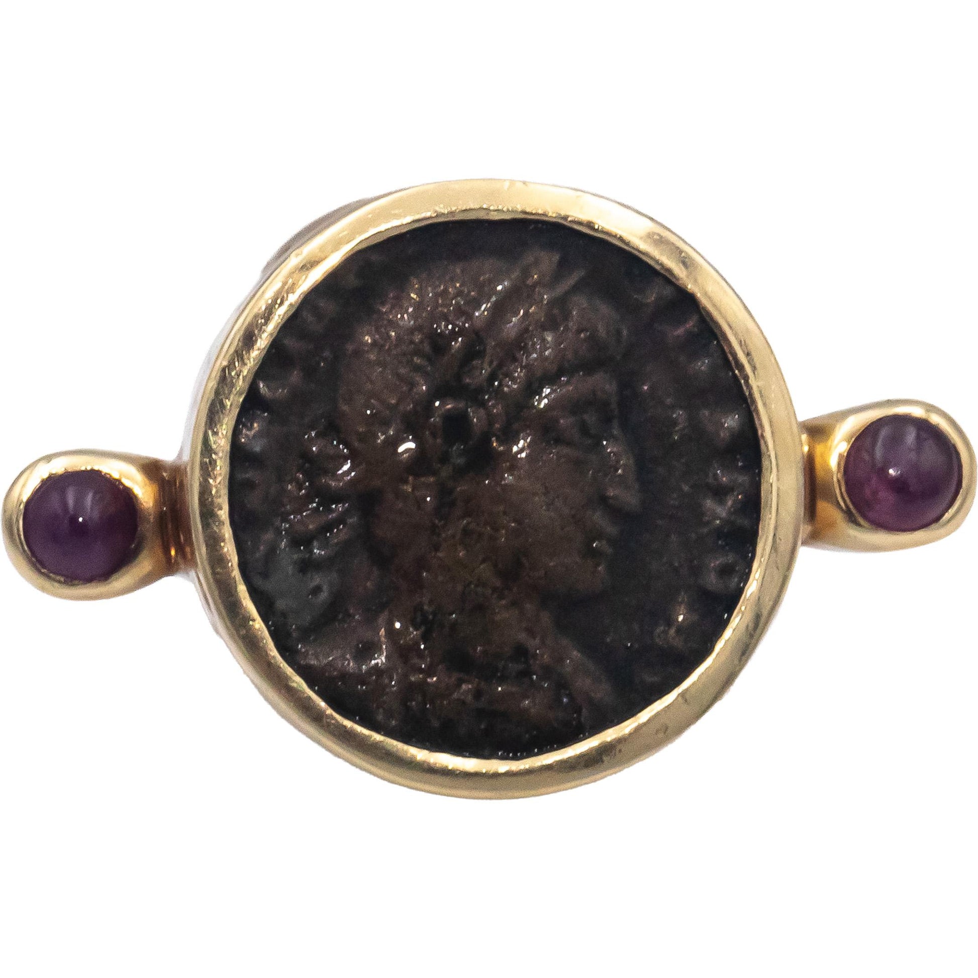 14k Yellow Gold 0.20CT Roman Coin and Cabochon Ruby Cocktail Ring Size 5.5