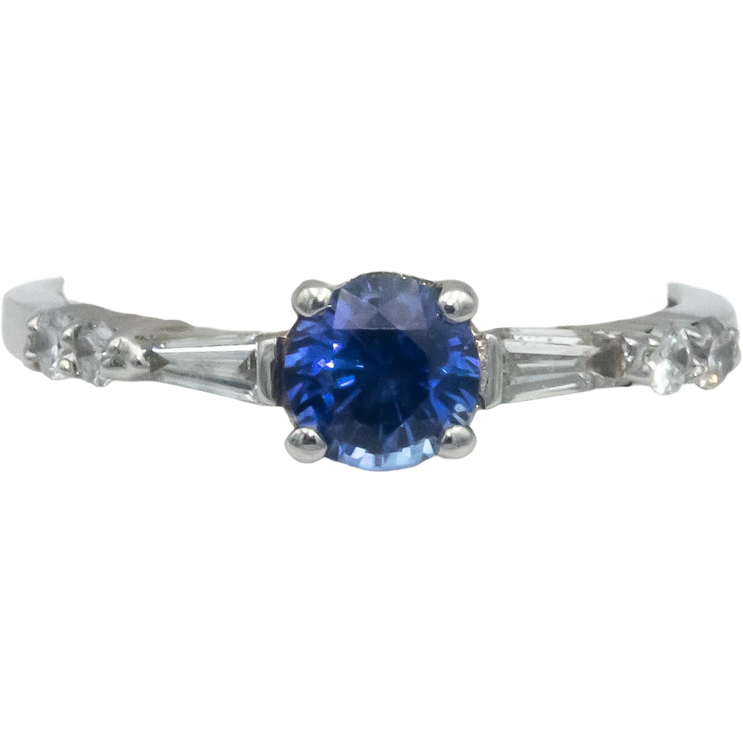 14k White Gold 0.83CT Diamond and Vibrant Medium Blue Sapphire Ring Size 5.75