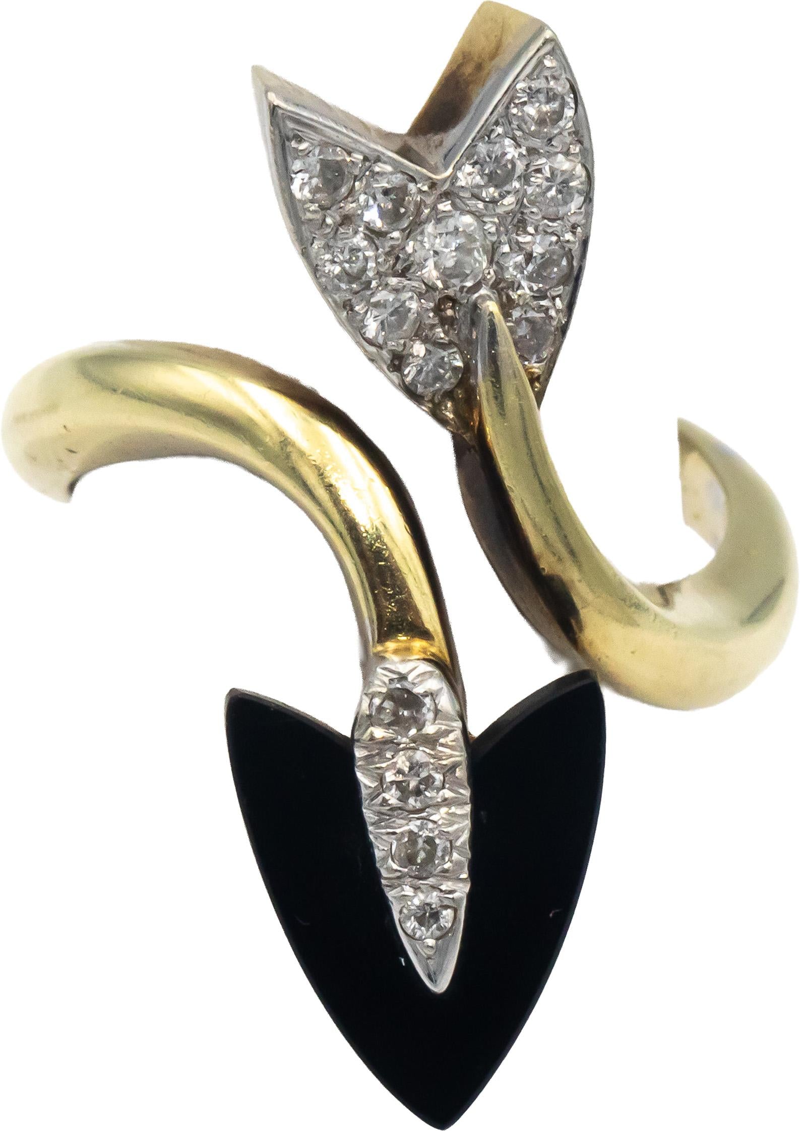 14k Yellow Gold Round Diamond and Onyx Arrow Bypass Ring 0.27CT Size 7