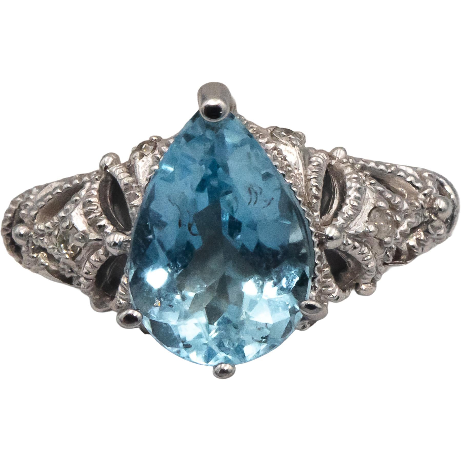 14k White Gold Jewelry 2.02CT Diamond and Aquamarine Filigree Ring Size 6.5