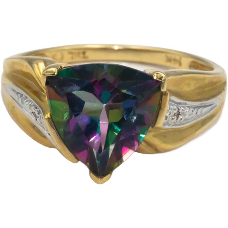 14k Yellow Gold Trillion Cut Mystic Topaz Ring  2.0CT w/ Diamond Accents Size 7