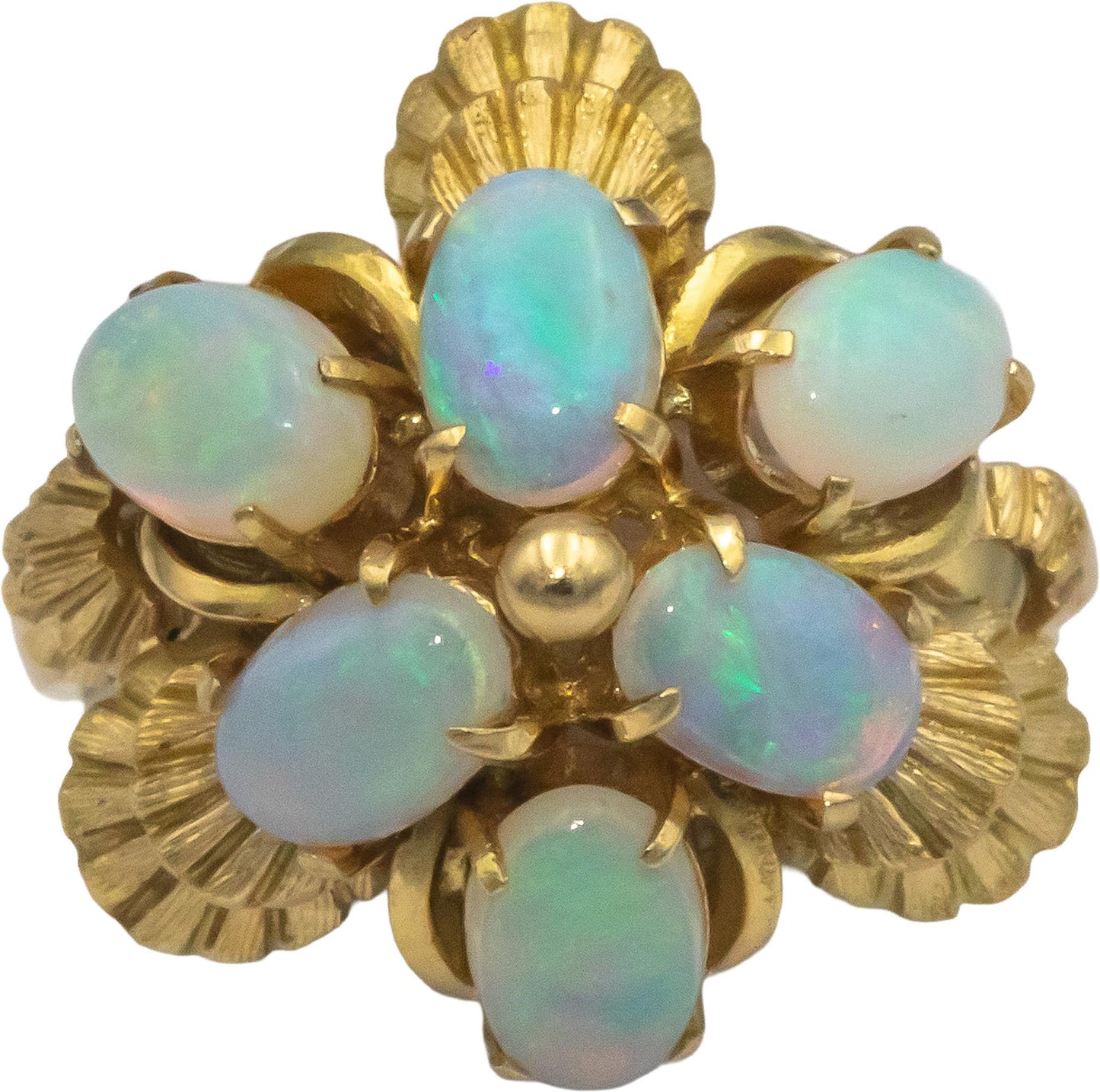 18k Yellow Gold Cabochon Opal Flower Cluster Ring 1.50CT Size 6
