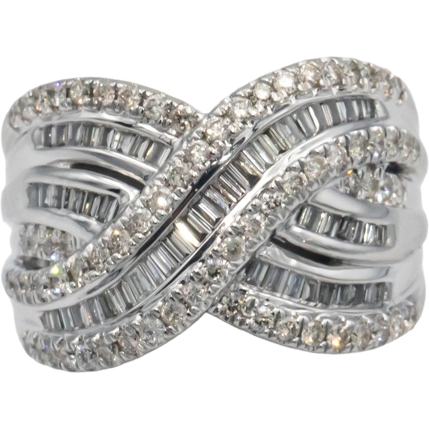 10k White Gold 1.0CT Round and Baguette Cut Diamond Crossover Ring Size 7.25