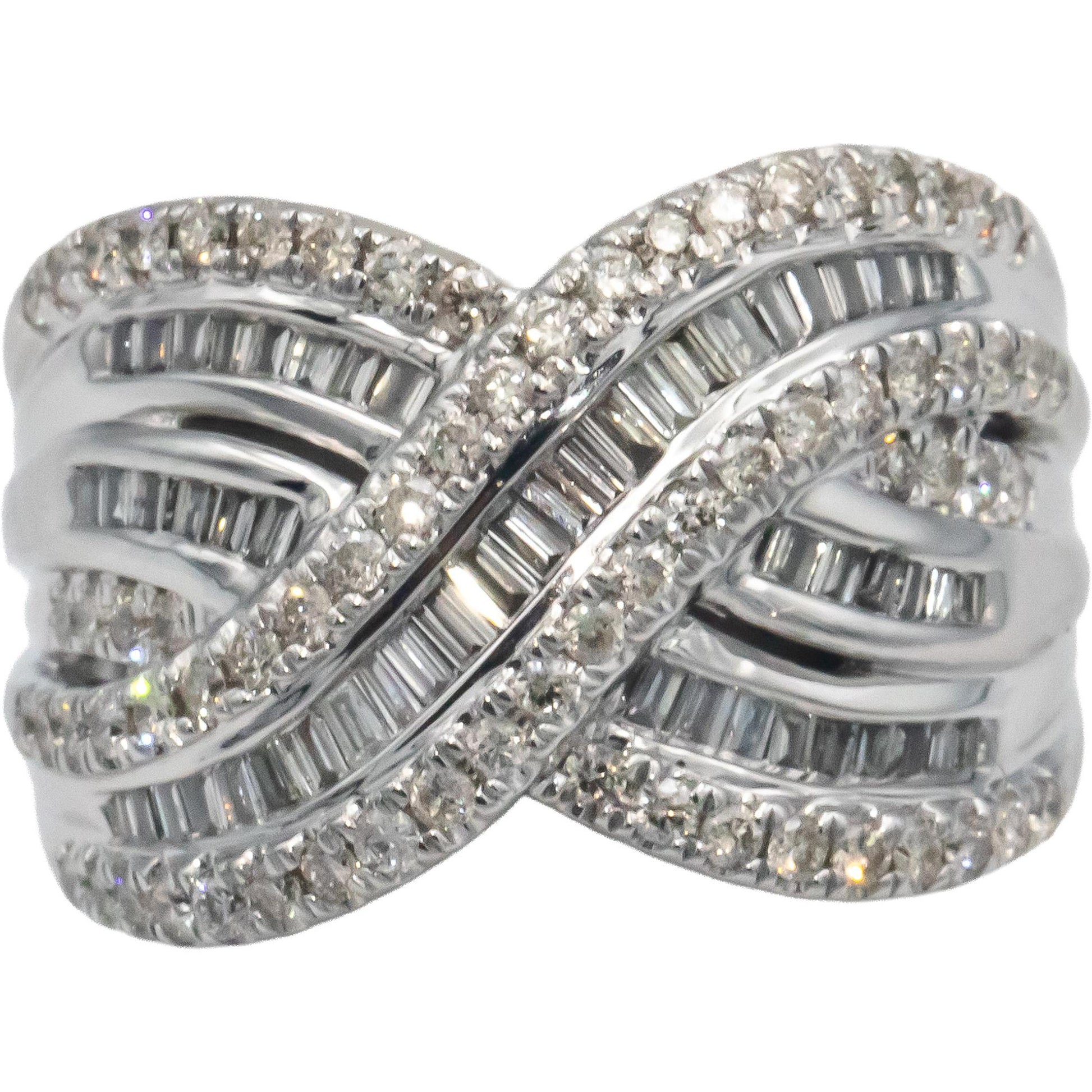 10k White Gold 1.0CT Round and Baguette Cut Diamond Crossover Ring Size 7.25