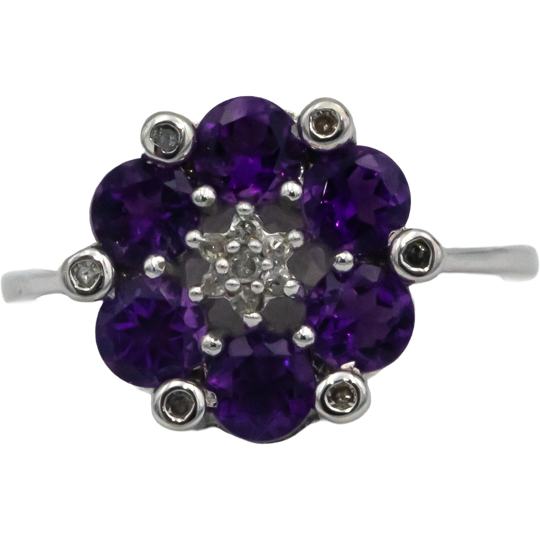 10k White Gold 1.25CT Diamond and Amethyst Flower Cocktail Ring Size 7