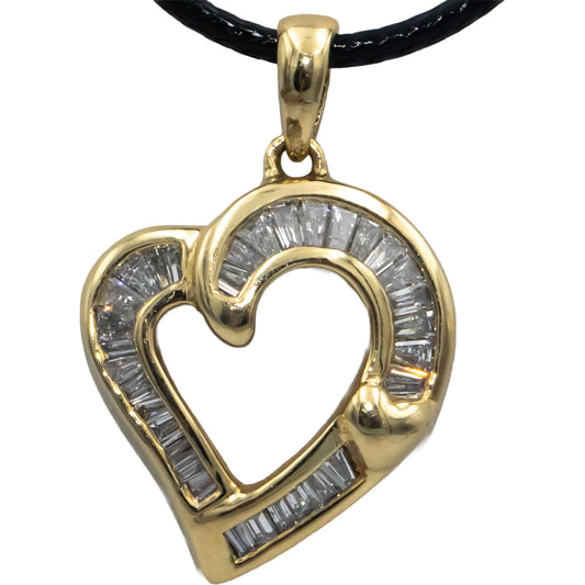 14k Yellow Gold 1.0CT Baguette Cut Diamond Heart Pendant Necklace
