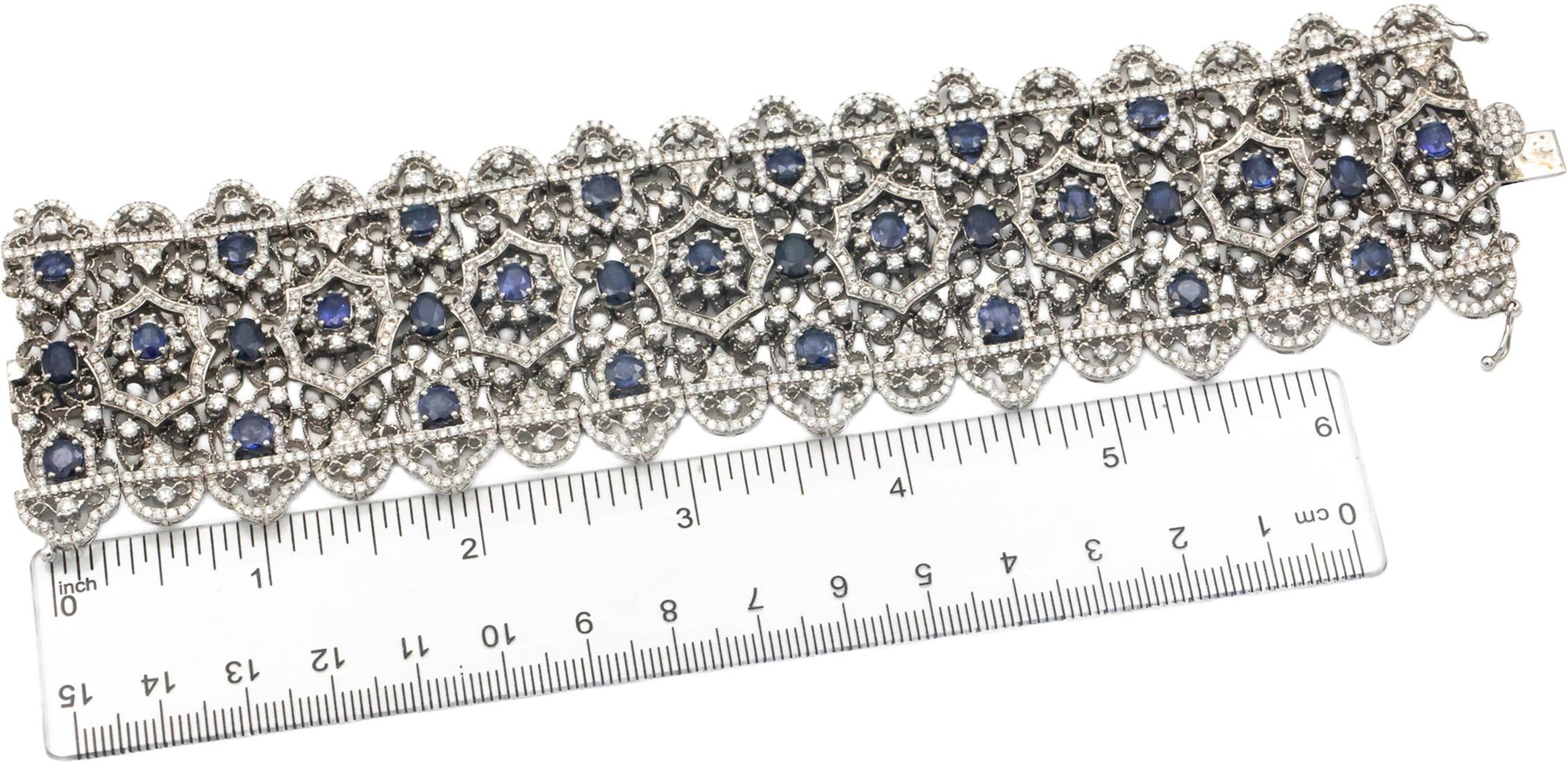 Diamond & Vibrant Blue Sapphire 18k White Gold Formal Bracelet 28.5CT