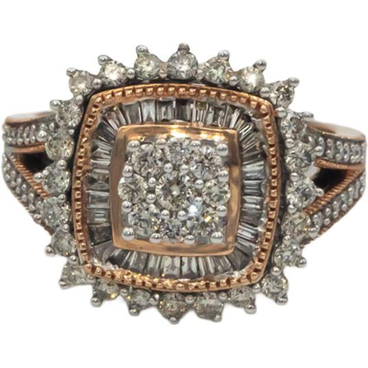 10k Rose Gold Round & Baguette Cut Diamond Cluster Ring 1.0CT Size 7